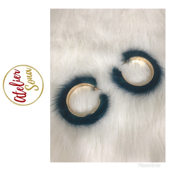 Atelier Sona Jewelry - Blue Green Teal Fur Hoop Earrings